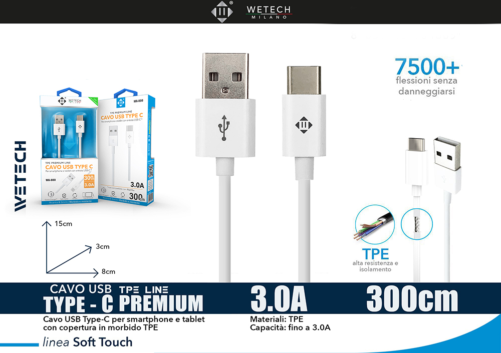 Wetech USB C Cable in Premium Tpe 2.4A 3 Mt