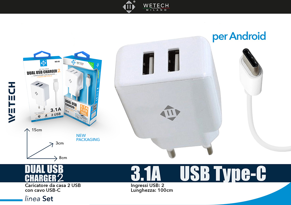 Wetech Wg66 Set Casa Caricatore 2 Usb 2.4A + Cavo Type C