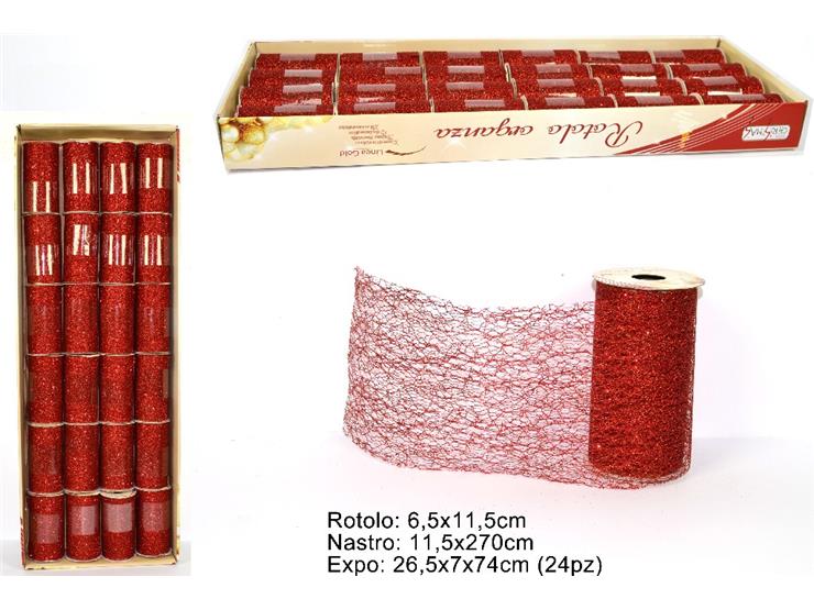 Christmas Nastro Rete Glitter 11.5Cm X 2.7M Rosso