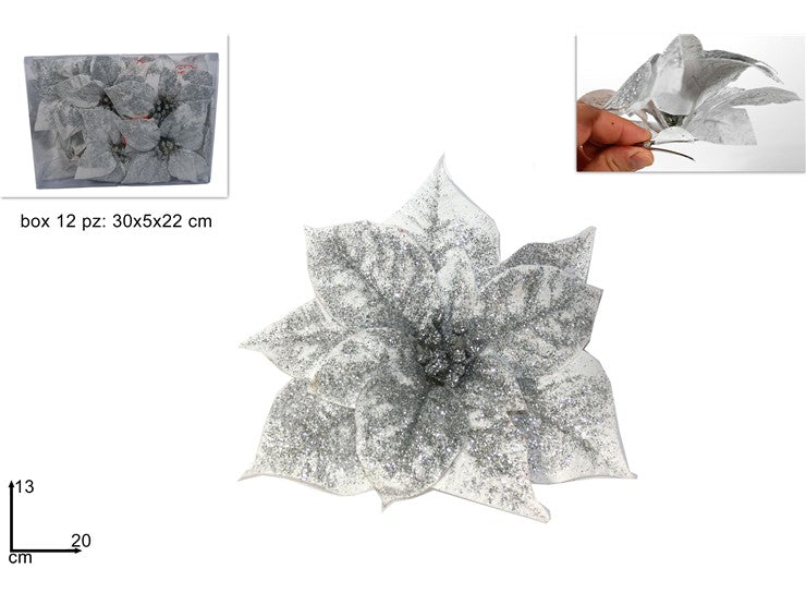 Christmas Poinsetta C/Pinzetta 20Cm Silver