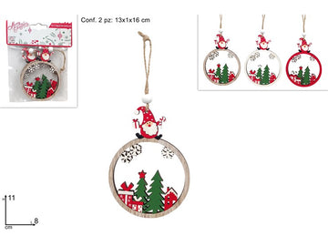 Christmas Appendino Palla Legno C/ Decori Natalizi Set 2 Pz