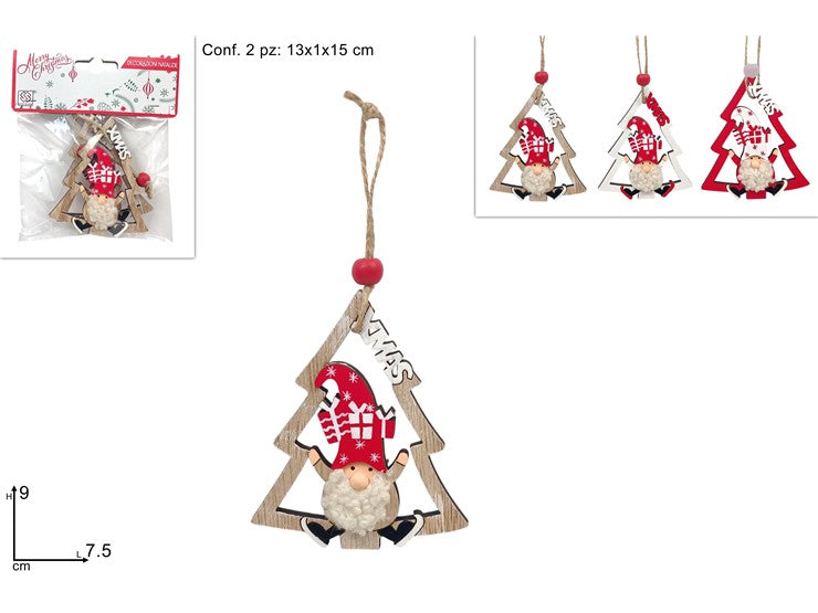 Christmas Appendino Albero C/ Babbo Natale Legno Set 2 Pz 3