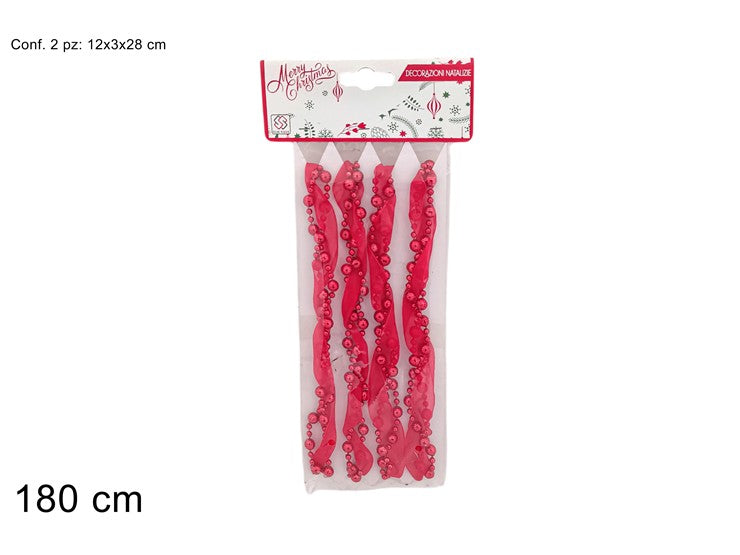 Christmas Cordoncini Perline Rosse Con Organza 180Cm