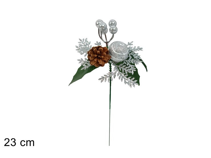 Christmas Spillone Bacche Silver Glitterate Con Pigna Sx2025