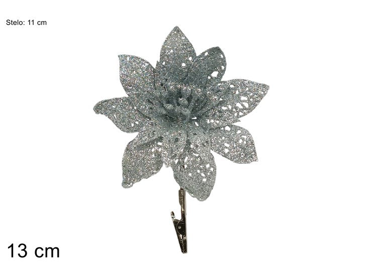 Christmas Fiore Con Pinzetta Silver Glitterato Diam 13Cm