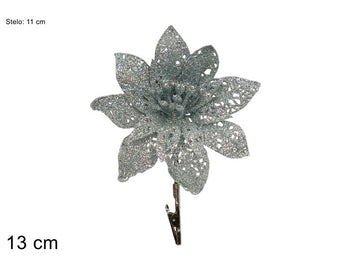 Christmas Fiore Con Pinzetta Silver Glitterato Diam 13Cm
