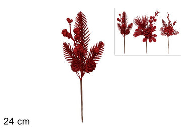 Christmas Stelo Rametti Glitterati Con Bacche E Pigne Rosso