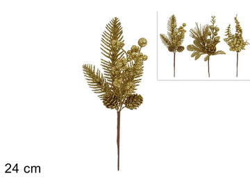 Christmas Stelo Rametti Glitterati Con Bacche E Pigne Oro