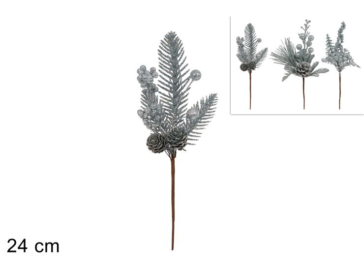 Christmas Stelo Rametti Glitterati Con Bacche E Pigne Silver