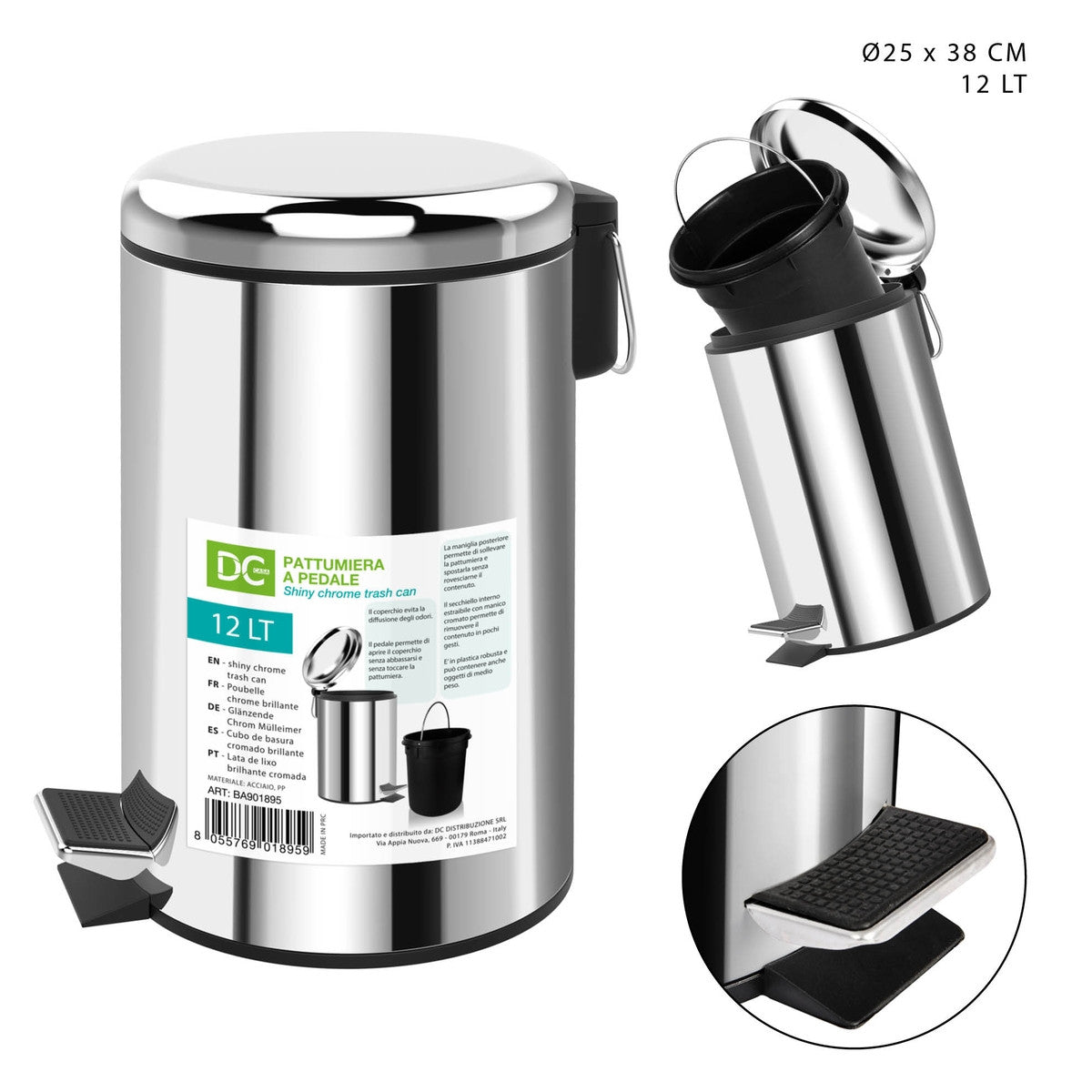 Dc - Pattumiera con Pedale Cromata 12L 25X38Cm