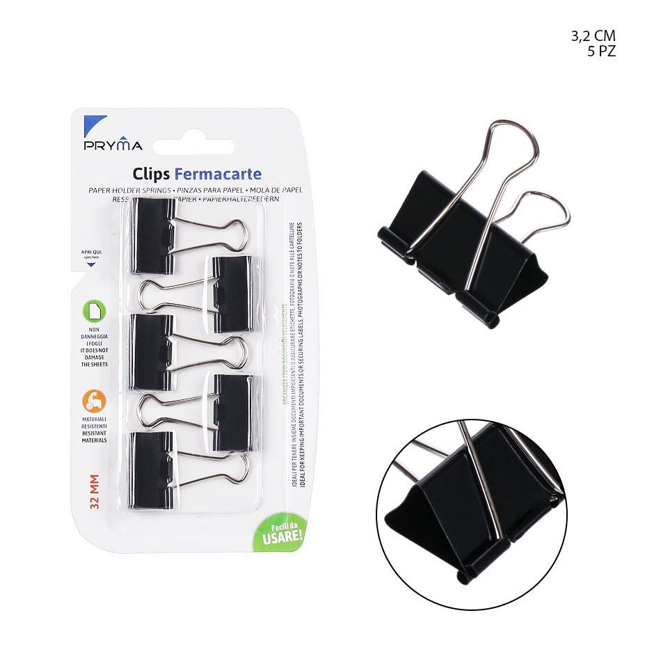 Pryma - Clips fermacarte 32Mm 5pz nero BL.