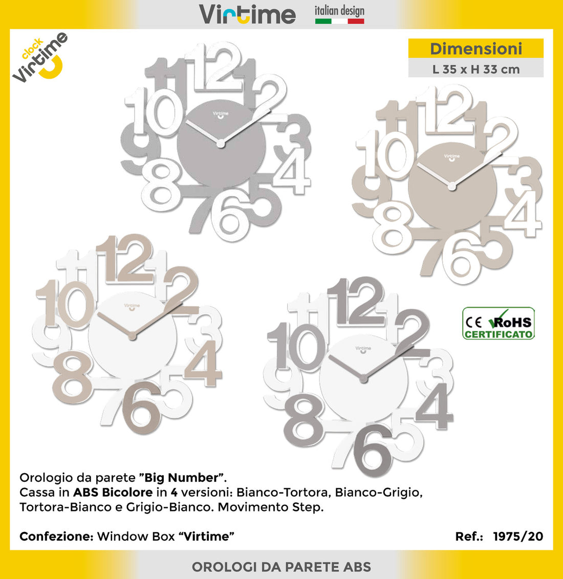 Virtime - Orologio Parete Big Numbers 32.8X34.5 Cm 4 Colori Assortiti