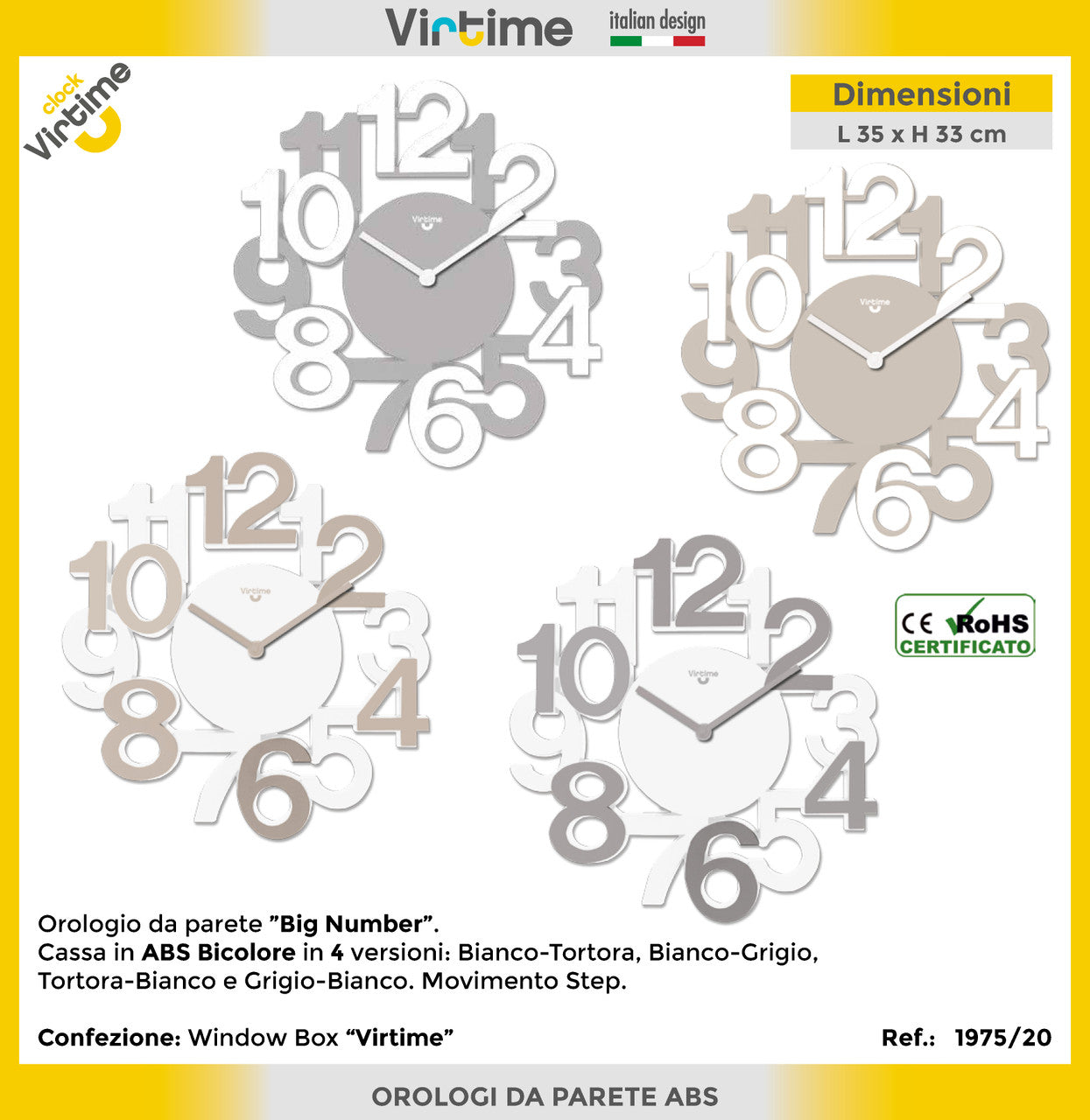Virtime - Orologio Parete Big Numbers 32.8X34.5 Cm 4 Colori Assortiti