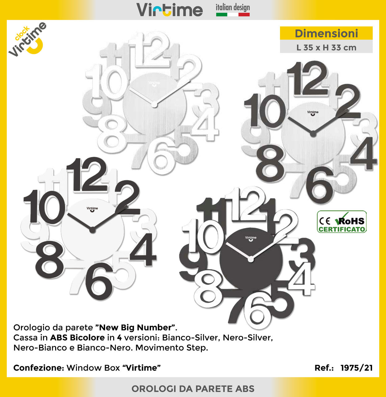 Virtime - Orologio Parete Abs Big Numbers 32.8X34.5 4 New Colors Assortiti