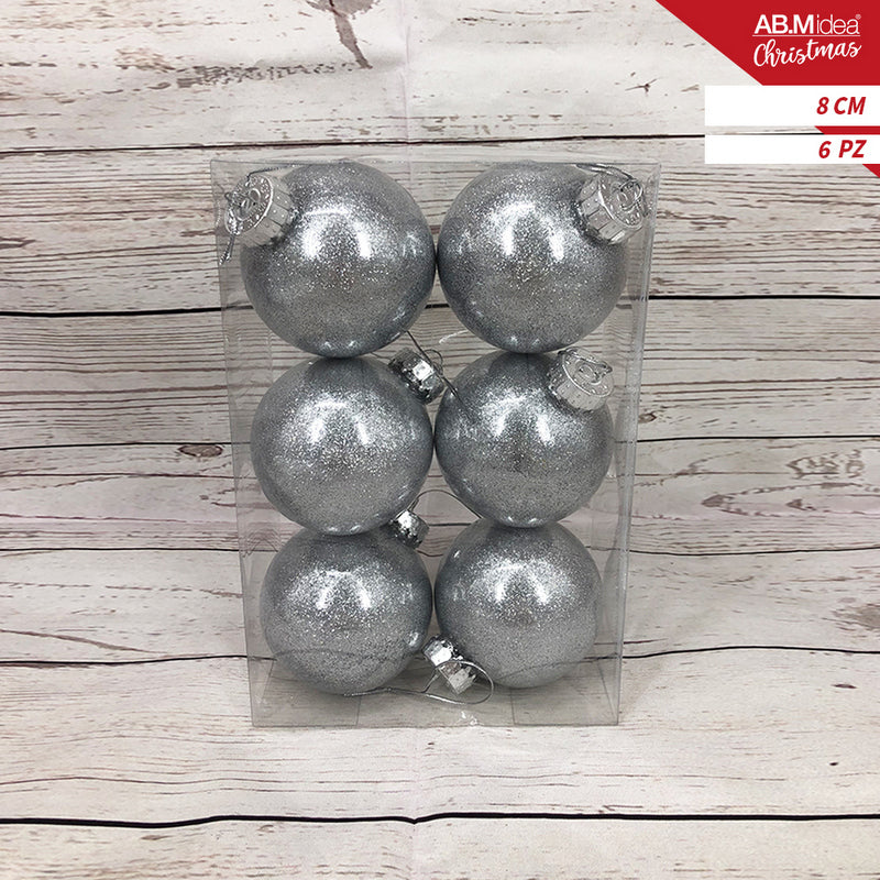 Ab.M Palline Glitter Cm.8 Pz.6 Silver